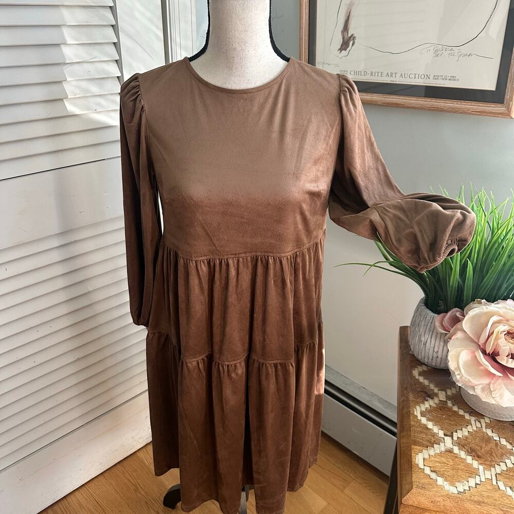 Tommy Hilfiger Dress Womens 2 Brown Faux Suede Mini Long Sleeve Shift Grunge